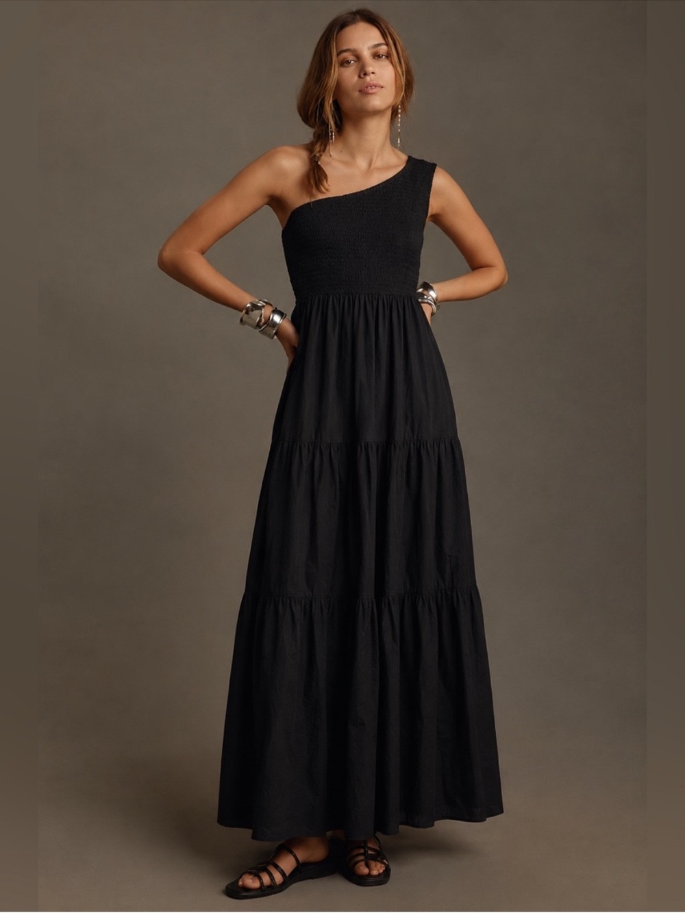 Anthropologie O.P.T. One-shoulder Smocked Bodice Black Tiered Maxi Dress Medium